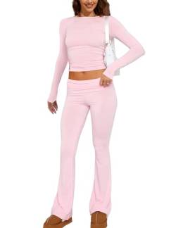 MISSACTIVER Damen Zweiteiliges Outfit Basic Langarm Crop Top und Low Rise Flare Pants Set Lounge 2 Stück Yoga Trainingsanzug, Pink, X-Small von MISSACTIVER