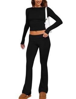 MISSACTIVER Damen Zweiteiliges Outfit Basic Langarm Crop Top und Low Rise Flare Pants Set Lounge 2 Stück Yoga Trainingsanzug, Schwarz, M von MISSACTIVER