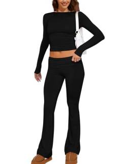 MISSACTIVER Damen Zweiteiliges Outfit Basic Langarm Crop Top und Low Rise Flare Pants Set Lounge 2 Stück Yoga Trainingsanzug, Schwarz, S von MISSACTIVER