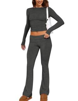 MISSACTIVER Damen Zweiteiliges Outfit Basic Langarm Crop Top und Low Rise Flare Pants Set Lounge 2 Stück Yoga Trainingsanzug, grau dunkel, M von MISSACTIVER