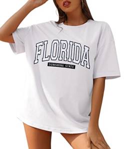 MISSACTIVER Florida Buchstaben-Grafikdruck, T-Shirt, Übergröße, kurzärmelig, Rundhalsausschnitt, überschnittene Schulter, lässiges T-Shirt Tops, Weiß, X-Groß von MISSACTIVER