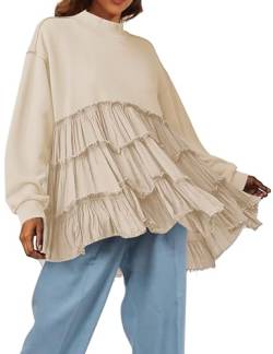 MISSACTIVER Frauen Oversized Pullover Sweatshirt Kleid Langarm Mock Neck Patchwork Rüschen Saum Flowy Sweatshirts Minikleid, Alle Aprikose, X-Groß von MISSACTIVER