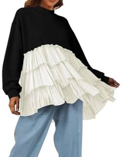 MISSACTIVER Frauen Oversized Pullover Sweatshirt Kleid Langarm Mock Neck Patchwork Rüschen Saum Flowy Sweatshirts Minikleid, Schwarz, Klein von MISSACTIVER