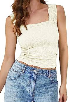 MISSACTIVER Frauen Square Neck Breite Träger Crop Tank Top Casual Blume Ärmellos Salatbesatz Slim Fit Crop Cami Weste Top, Weiss/opulenter Garten, Mittel von MISSACTIVER