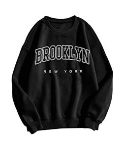 MISSACTIVER Lässiges Brooklyn New York Buchstaben-Grafik-Sweatshirt mit Rundhalsausschnitt, überschnittene Schultern, Fleece-Pullover, schwarz, Small von MISSACTIVER