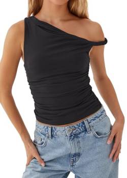 MISSACTIVER Schulterfreies bauchfreies Tanktop für Damen, eine Schulter, gedrehter Riemen, bauchfreies Top, bauchfreies Top, bauchfreies Oberteil, bauchfreie Hemden, Schwarz von MISSACTIVER