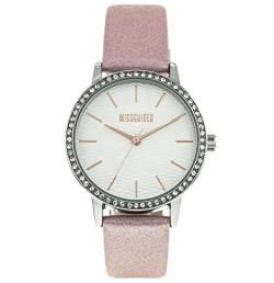 MISSGUIDED Damen Armbanduhr Rosafarbenes Armband mit silberfarbenem Gehäuse mit Steinbesatz und weißem Zifferblatt von MISSGUIDED