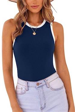 MISSJOY Damen Basic Ärmellos Racerback Neckholder Gerippt Bodysuit Tank Tops, 1-dunkelblau weiß, Small von MISSJOY