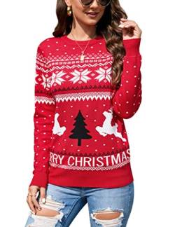 MISSKY Damen Rundhalsausschnitt Weihnachtspullover Langarm Rentier Strick Pullover Tops, A-red, XX-Large von MISSKY