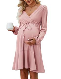 MISSKY Damen Schwangerschaft Knielang Kleid V Ausschnitt Wrap Kordelzug Langarm Stillkleid Rüschen Saum Lounge Kleider, Pink, Klein von MISSKY