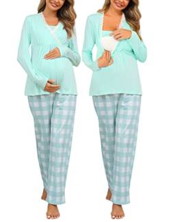 MISSKY Damen Schwangerschaft Still-Pyjama Sets Langarm Schwangerschaft Pyjama Set Stillen Nachtwäsche, Grün , XXL von MISSKY