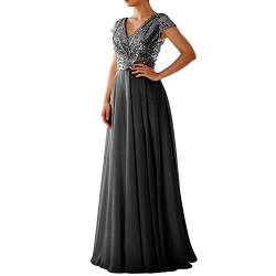 Abendkleid Damen Glitzerkleid Maxikleid Elgant A-Linie V-Ausschnitt Ärmellos Chiffon Hohe Taille Empire Bodenlang Brautkleider Edel Ballkleid Pailletten Festliche Kleider, Schwarz, M von MISSMAO