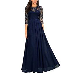 MISSMAO Damen Elegant 3/4 Ärmel Kurzarm Brautjungfern Kleid Floral Spitzen Abendkleid Maxikleid Lang Tüllkleid Ballkleid Cocktail Hochzeit Cocktailkleider Abschlussballkleid Partykleid, Marine, XL von MISSMAO