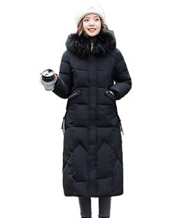 MISSMAO Damen Lange Daunenmantel Mit Kunstfellkapuze Winterjacke Daunenjacke Warm Parka Jacke Steppjacke Wintermantel Casual Reißverschluss Outwear,Schwarz,S von MISSMAO