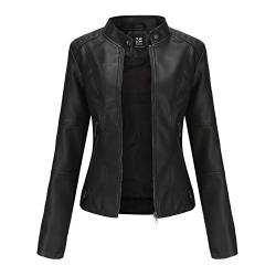 MISSMAO Damen Übergangsjacke Outdoorjacke Kunstlederjacke Stehkragen Motorradjacke Bikerjacke Outwear Kurz Jacke mit Reißverschluss,Schwarz,M von MISSMAO