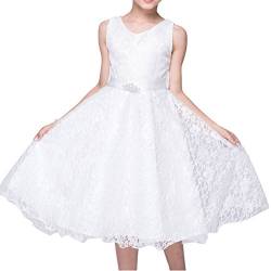 MISSMAO Mädchen Kinder Spitze Kleid Brautjungfer Festlich Hochzeit Kleider Abendkleid Kommunionkleid Weiß 140CM von MISSMAO