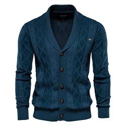 Strickjacke Herren Gestrickt Cardigan Schalkragen V-Ausschnitt Strickpullover Elegante Freizeitjacke Mit Knopfverschluss und Zopfmuster,Blau,XL von MISSMAO