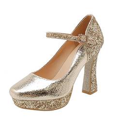 High Heels Plateau Pumps mit Riemchen und Blockabsatz Glitzer Mary Jane Damenschuhe Geschlossen 10cm Absatz Abend Schuhe (Gold,36) von MISSUIT