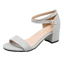MISSUIT Damen Blockabsatz Sandaletten mit Glitzer Chunky Heels Sandalen Riemchen 5cm Absatz Sommer Schuhe(Silber,34) von MISSUIT