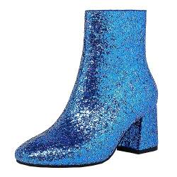 MISSUIT Damen Chunky Heels Ankle Boots Glitzer Stiefeletten mit Blockabsatz und Reißverschluss 6cm Absatz Pailletten Schuhe(Blau,35) von MISSUIT