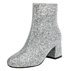 MISSUIT Damen Chunky Heels Ankle Boots Glitzer Stiefeletten mit Blockabsatz und Reißverschluss 6cm Absatz Pailletten Schuhe(Silber,41) von MISSUIT
