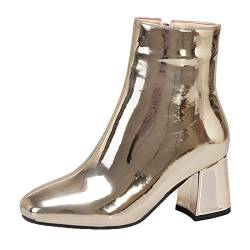 MISSUIT Damen Chunky Heels Ankle Boots Lack Stiefeletten High Heels Blockabsatz Boots Reißverschluss Winterstiefel(Gold, 41) von MISSUIT