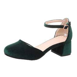 MISSUIT Damen Chunky Heels Pumps mit Knöchelriemchen Blockabsatz Sandaletten 5cm Absatz Samt Schuhe(Grün,38) von MISSUIT