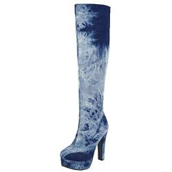 MISSUIT Damen Denim Plateau Stiefel High Heels Kniehoch Jeans Boots Kniehohe Stiefel mit Blockabsatz und Reißverschluss Schuhe(Dunkelblau,37) von MISSUIT