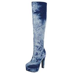 MISSUIT Damen Denim Plateau Stiefel High Heels Kniehoch Jeans Boots Kniehohe Stiefel mit Blockabsatz und Reißverschluss Schuhe(Dunkelblau,38) von MISSUIT