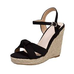 MISSUIT Damen Espadrilles Wedges High Heels Riemchen Sandaletten mit Keilabsatz Plateau Offene Zehen Sommer Schuhe(Schwarz,39) von MISSUIT