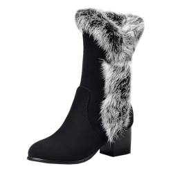 MISSUIT Damen Fell Stiefeletten Winterstiefel Warm Gefüttert Blockabsatz Halbschaft Stiefel High Heels Reißverschluss Schuhe(Schwarz,40) von MISSUIT