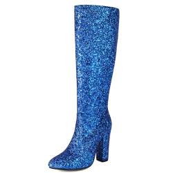 MISSUIT Damen Glitzer Kniehohe Stiefel Spitz High Heels Stiefel Kniehoch Hohe Stiefel mit Blockabsatz Langschaftstiefel Reißverschluss Schuhe(Blau,37) von MISSUIT