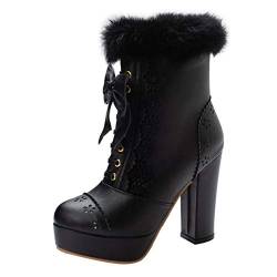 MISSUIT Damen High Heels Blockabsatz Stiefeletten mit Fell und Schleife Plateau Ankle Boots Reißverschluss Schuhe(Schwarz,46) von MISSUIT