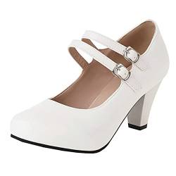 MISSUIT Damen High Heels Mary Jane Blockabsatz Pumps mit Riemchen Sommer Schuhe(Weiß1,36) von MISSUIT