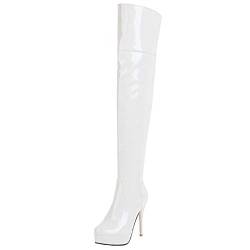 MISSUIT Damen High Heels Overknee Stiefel Lack Plateau Stiletto Boots(Weiß,EU39) von MISSUIT