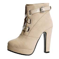 MISSUIT Damen High Heels Plateau Stiefeletten mit Schnallen und Blockabsatz Ankle Boots Platform Schuhe(Beige,39) von MISSUIT