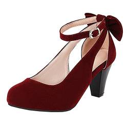 MISSUIT Damen High Heels Pumps Blockabsatz Knöchelriemchen Schleife Sommer Schuhe(Weinrot,41) von MISSUIT