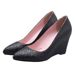 MISSUIT Damen Keilabsatz High Heels Glitzer Pumps Spitz Wedges 8cm Absatz Ohne Verschluss Schuhe(Schwarz,41) von MISSUIT