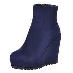 MISSUIT Damen Keilabsatz Plateau Stiefeletten High Heels mit Reißverschluss Ankle Boots Wedges Herbst Winter Schuhe(Blau,37) von MISSUIT