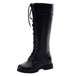 MISSUIT Damen Kniehohe Schnürstiefel Plateau Stiefel Kniehoch Flach Schnürung Hohe Stiefel(Schwarz,39) von MISSUIT