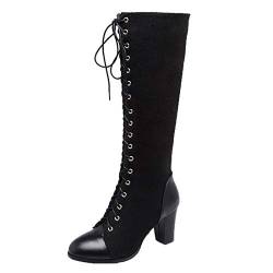 MISSUIT Damen Kniehohe Stiefel mit Blockabsatz High Heels Stiefel Kniehoch Langschaftstiefel Schnürung Reißverschluss Schuhe(Schwarz,39) von MISSUIT