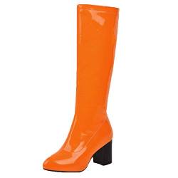 MISSUIT Damen Kniehohe Stiefel mit Blockabsatz High Heels Stiefel Lack Kniestiefel Reißverschluss Knee High Boots(Orange,43) von MISSUIT