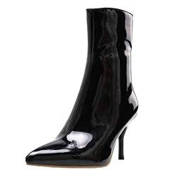 MISSUIT Damen Lack Ankle Boots High Heels Stiletto Stiefeletten Spitz mit 8cm Absatz und Reißverschluss Herbst Winter Schuhe(Schwarz,37) von MISSUIT