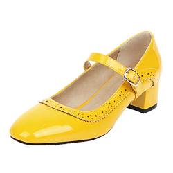 MISSUIT Damen Lack Mary Jane Riemchen Pumps Blockabsatz Schnalle Retro Vintage Chunky Heels(Gelb,37) von MISSUIT