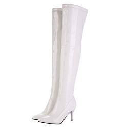 MISSUIT Damen Lack Overknee High Heels Stiefel Stiletto Langschaftstiefel Spitz Boots mit Reißverschluss 9cm Absatz Schuhe (Weiß,42) von MISSUIT