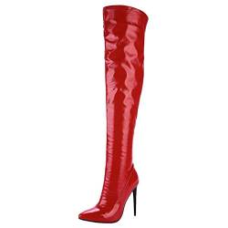 MISSUIT Damen Lack Overknee Stiefel High Heel Stiletto Boots mit Reißverschluss (Rot, numeric_38) von MISSUIT
