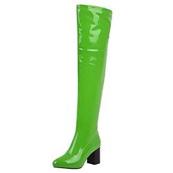 MISSUIT Damen Lack Overknee Stiefel High Heels Blockabsatz Boots Reißverschluss Chunky Heel Langschaftstiefel Winter Schuhe(Grün,43) von MISSUIT