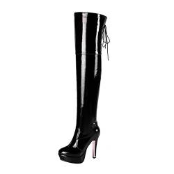 MISSUIT Damen Lack Overknee Stiefel High Heels Plateau Stiefel Stiletto Langschaftstiefel Schnürung Herbst Winter Schuhe (Schwarz,37) von MISSUIT