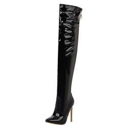 MISSUIT Damen Lack Overknee Stiefel Spitze High Heels Stiefel Stiletto Boots Reißverschluss Hinten 12cm Absatz(Schwarz,42) von MISSUIT