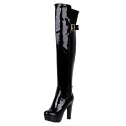 MISSUIT Damen Lack Overkneestiefel High Heels Blockabsatz Boots Plateau Stiefel mit Schnallen und Reißverschluss(Schwarz,40) von MISSUIT
